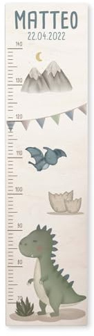 Personalisierte Messlatte für Kinder mit buntem Wunschdruck - 70-140 cm - Größenmesser Kinderzimmer aus Holz - Wand Dekoration Messleiste Kind - Personalisiertes Geschenk Baby- hellomini (T-Rex)