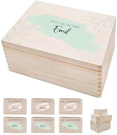 Bärenfreunde - Personalisierte Erinnerungsbox mit Spezial-Druck für Kommunion oder Taufe - Jugendweihe - Erinnerungskiste Taufe - Geschenk zur Taufe (S | Klappdeckel,Taufe grün)