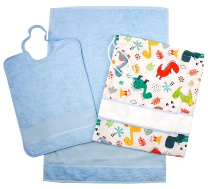 Set ASILO SCUOLA MATERNA SEBASTIAN 3 pezzi: bavaglino spugna con elastico, asciugamano e sacca con fascia in etamine per ricamo - Cotone 100% Made in Italy (DINOSAURO)