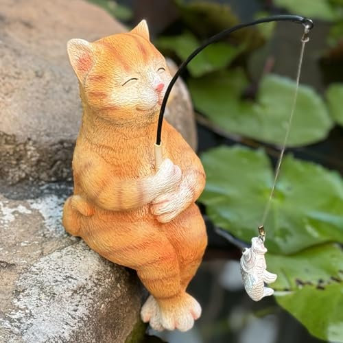 Statue de chat de jardin, décoration de chat pour cour, 24,1 cm, statue et figurines de chat de pêche pour décoration de jardin, animaux de pêche pour cascades ou étang koï, cadeaux pour femme, maman