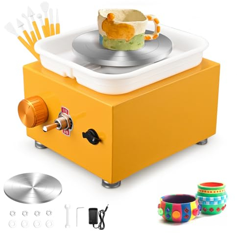 Mini Pottery Wheel, Couleeur 2000RPM & 10/6.5cm Plates Turntable Pottery Machine, Adjustable Speed Pottery Wheel with Shaping Tools for Pottery DIY Shops, Pottery Teaching(Yellow)
