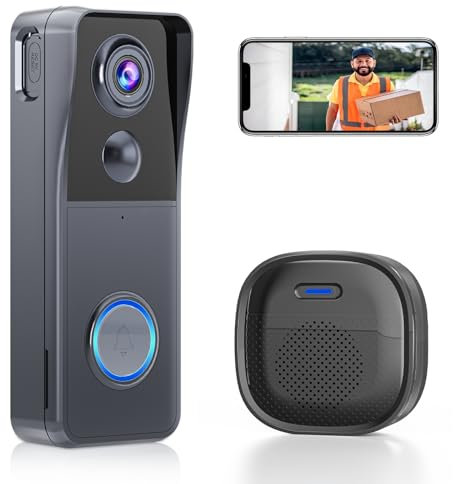 Wireless Video Doorbell Camera with Chime 2K HD Smart Video WiFi Door Bells with Camera PIR Motion Detection Night Vision 2-Way Audio Battery Powered Work with Alexa Support SD Card & Cloud Storage