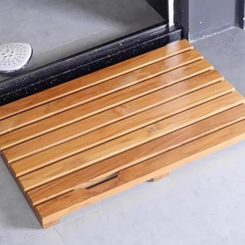 Vibeo Badematte Holz 60 cm X 40 cm Große, rutschfeste Duschmatte aus Teakholz, Warme, Bequeme Badezimmermatte aus Holz mit Tragegriff, Schweres, Schnell Trocknendes Duschbrett für Den Außenbereich