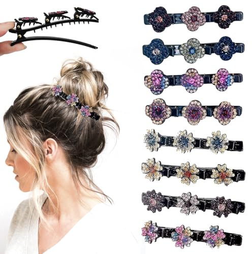 JSTHHTT 8 Stück Haarspange mit Kristallblume, Doppelschicht, Geflochten und Strass-Design, Glitzernde Mode für Damen, Frauen und Mädchen