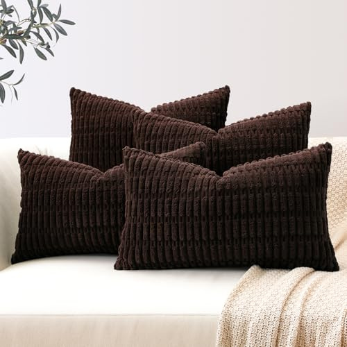 Sungeek Lot de 4 housses de coussin décoratif en velours côtelé doux 30x50cm lombaires à rayures housses d'oreillers décoratifs 12x20 pouces pour canapé salon terrasse ferme boho décoration