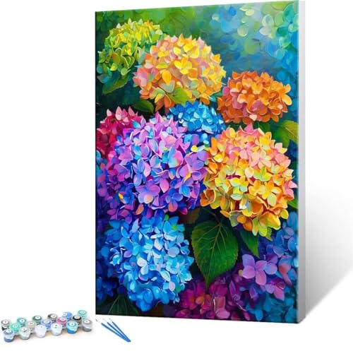 Malen Nach Zahlen Erwachsene - DIY Hortensie Bunt Handgemalt Ölgemälde Kit für Anfänger, Mit 3-Pinseln und Acrylfarbe Handgemalt öLgemäLde Kit Als Geschenk Heimdekoration 40x50cm (Ohne Rahmen) R-423