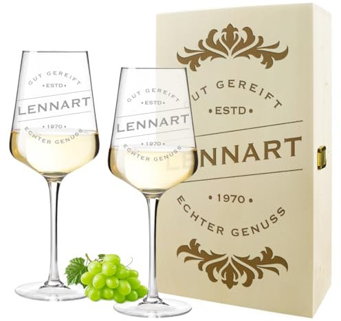 polar-effekt Weingläser 560 ml 2er-Set + Holzkiste mit Wunschgravur - spülmaschinenfeste Weinkelche - als Geschenk geeignet - von Hand graviert
