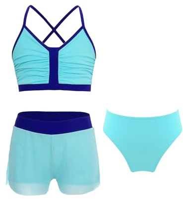 renvena Girls Three Pieces Active Swimwear Cross Straps Tank Tops with Bottom and Swim Shorts Swimsuit Green&Blue 12 Years