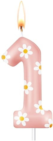 Ovanda Gänseblümchen Geburtstagskerzen Zahlen 1, Gänseblümchen Kerze Cake Topper, 1. Geburtstag Mädchen Junge Deko, Kerze Deko 1. Geburtstag Mädchens, Tortendeko 1. Geburtstags, Zahlenkerze 1 Rosa