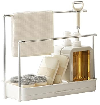 Kitchen Sink Caddy Organiser Cleaning Sink Tidy Organiser Self-draining Sponge Holder with Brush Holders and Towel Dishcloth Holder Drainer Drying Tray for Countertop Kitchen Storage & Organisation