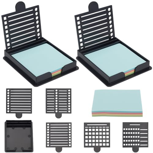 WEBEEDY 2 Set Sticky Note Schablone Mit Haftnotiz Schwarzer Post It Notizhalter Mit 5 Stilen Schablone Für 7.5x7.5cm Post It Notizen Büro Schreibtisch Organisator