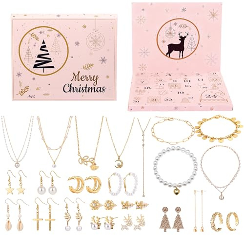 Ucouper Adventskalender Schmuck Frauen Weihnachtskalender Mädchen Gold | Weihnachten Geschenk Damen, Halskette Ohrringe Ringe, Basteln DIY Teenager