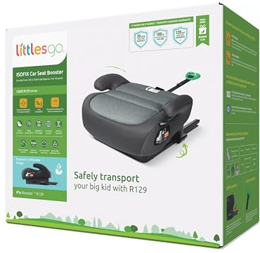 Littlesgo IFix Booster Seat, i-Size ISOFIX Car Seat, for Child from 125-150cm (3-12 Years, Group 2/3), Portable, Triple Foam Layers for Comfortable Travel, ECE R129, Grey-Darkgrey, 1 Pack