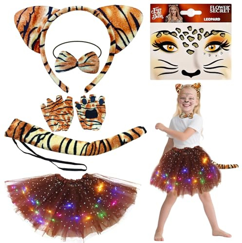 TaimeiMao 6-teiliges Tiger Kostüm Kinder Mädchen Tierkostüm Set Zubehör mit Stirnband, Krawatte, Gesichtssticker, Handschuhen, Schwanz & LED-Rock für Karneval, Halloween, Mottopartys und Geschenk