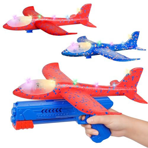 Philivivi 3 Avions Planeurs Enfant, Avion Jouet en Mousse avec LED & Lanceur, Planeur Extérieur Jusqu’à 15m, Jouet Enfant 3-12 Ans, Cadeau Garçon Fille