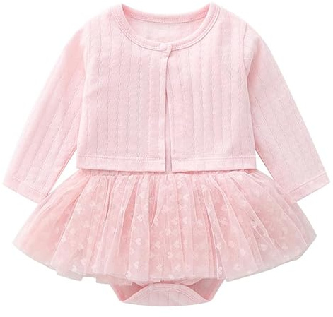 De feuilles Bébé Fille Body Justaucorps de Ballet sans Manches à Bretelles avec Jupe Tutu Tulle + Cardigan Princesse Coton Tricoté Manche Longue Tenue Baptême 0 à 12 Mois