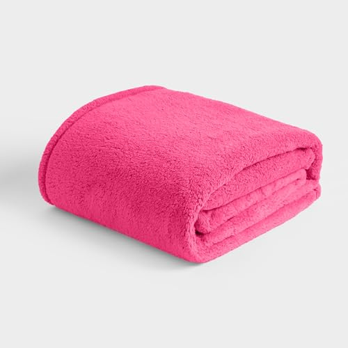 Brentfords Teddy Throw Blanket for Bed, Super Soft Warm Cosy Bright Pink Throws for Sofas Large Blanket Lightweight Plush Fleece Throw Blanket Single Bedspread, 125 x 150cm
