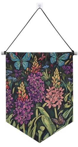 Bannière à suspendre avec tiges télescopiques en jacinthe violette et rose avec feuilles vertes - Décoration extérieure pour l'intérieur et l'extérieur