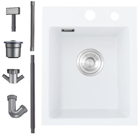 Evier Cuisine 1 Bac 40 x 45 cm, Evier Noir en Granit avec Panie de Vidange, Lavabo Cuisine pour Meubles Bas de 45 cm, Évier Cuisine Multifonction Siphon et Trop-plein (Blanc)