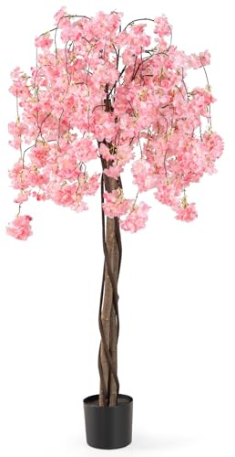 RELAX4LIFE Albero di Ciliegio Artificiale, Pianta Finta Realistica con Fiori Rosa in Vaso Riempito con Cemento, Decorazione da Interno ed Esterno per Casa, Matrimonio, Feste (Rosa)