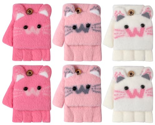TAGVO 3 Pares Guantes de Estiramiento Mágico para Niña, Guantes de Punto de Sin Dedos Touch Screen, Guantes Térmicos de Lana con Dedos Completos