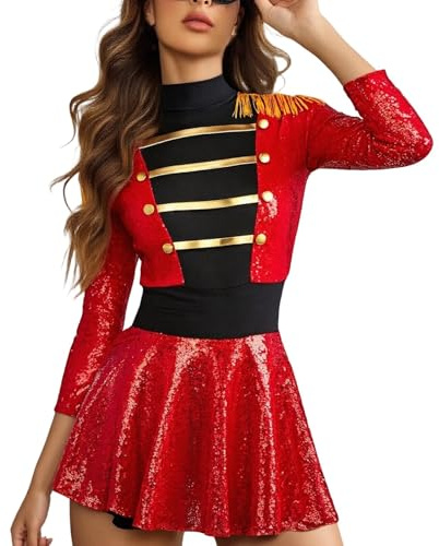 Generisch Fasching Funkelndes Karnevalskostüm langärmeliger Jumpsuit mit Fransen elegantes höfisches Maskenballkleid für festliche Anlässe Red S