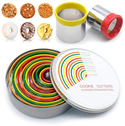 12 stycken rostfria kakskärare runt set, mångsidig kakskärare i 12 storlekar för kakor, bakverk, munkar, mousse och fondant – inklusive praktisk förvaringslåda