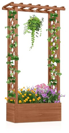 COSTWAY Blumenkasten mit Rankgitter & hängendem Dach, Pflanzkasten mit Rankhilfe, Hochbeet für Kletterpflanzen & hängende Körbe, für Garten Hof Terrasse, Pflanzkübel Holz, Braun, 66x32x152cm