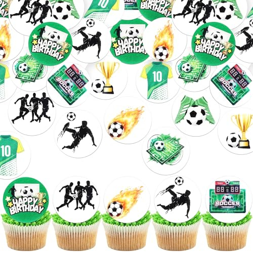Xsstarmi 63 Pack Edible Soccer Cupcake Toppers Rice Paper Soccer Sports Football Cupcake Picks for Baby Shower Birthday Anniversary Party Cake Decorations Supplies