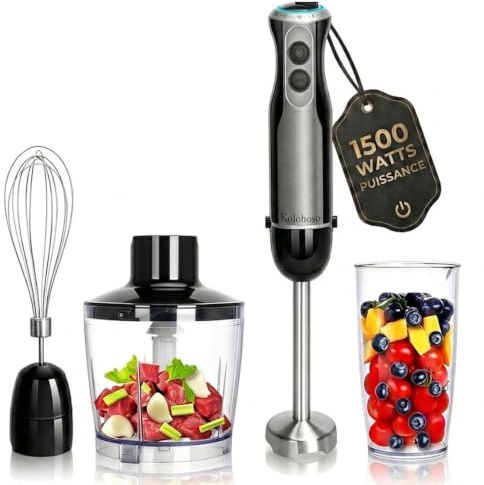 1500W Batidora de Mano, Batidora de Brazo 4 en 1 con 20 Velocidades yTURBO | Batidora Manual Cuchillas de Acero Inoxidable, Batidora Mano con 500ml Picadora y 600ml Vaso Medidor, Batidora de Huevos
