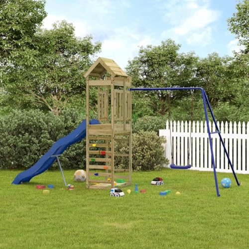 LoogCape Spielturm aus imprägniertem Kiefernholz mit Kletterwand Wellenrutsche Schaukel Sandkasten für Kinder im Garten, outdoor, robustes Holzspielgerät für Kinder ab 3 Jahren, inklusive Zubehör