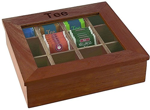 APS 11776 Boîte à thé, 31 x 28 cm, H : 9 cm, bois (hévéa), rouge-brun, fenêtre en acrylique