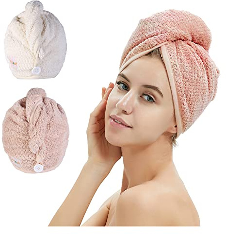 Paquete de 2 Toallas de Pelo, Toalla de Secado del Cabello con botón, Toalla de Microfibra para el Cabello, Gorro de baño (Rosa y Beige)
