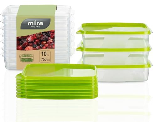 MiraHome Gefrierdosen 10x0,75L rechteckig grün – Vorratsdosen mit Deckel luftdicht – Transparente Frischhaltedosen mit Deckel – Aufbewahrungsbox Küche für Mealprep & Organisation – Austrian Quality