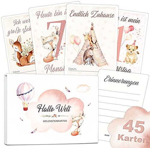 OLGS Meilensteinkarten Baby für Mädchen, 45 Meilenstein Karten zur Geburt, Babyparty, Schwangerschaft, Taufe | Meilenstein-Karten Geschenkset für Kinder