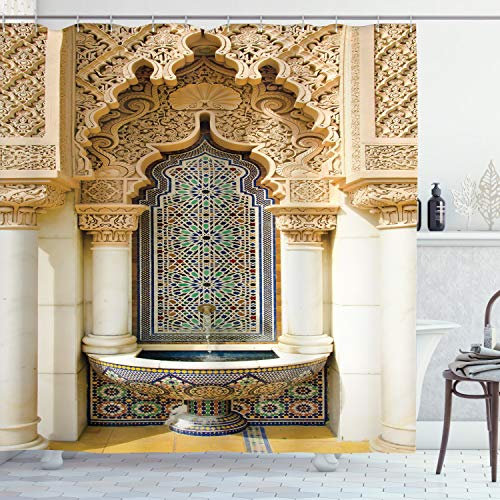 ABAKUHAUS marokkanisch Duschvorhang, Vintage Eastern Art, Stoffliches Gewebe Badezimmerdekorationsset mit Haken, 175 x 200 cm, Elfenbein Hellbraun Blau