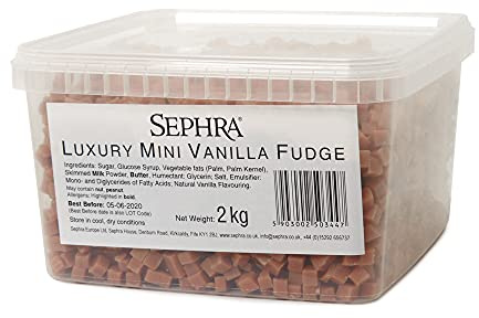 Sephra Mini Fudge Cube Pieces 2kg in Resealable Plastic Tub | Bulk catering supply arrives in a durable plastic container to ensure maximum freshness and easy kitchen storage.