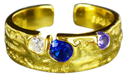 NicoWerk Damen Silberring Eklatant aus 925 Sterling Silber Golden Bandring mit Stein Blau Bunt Struktur Zirkonia Verstellbar Offen SRI821