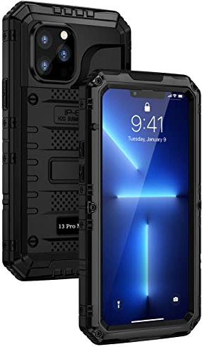 seacosmo iPhone 13 Pro Max Wasserdicht Hülle, Militärstandard Schutzhülle mit Eingebautem Displayschutz Stoßfest Metall Handyhülle für iPhone 13 Pro Max, Schwarz