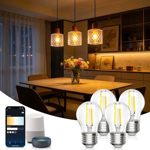 Aigostar Alexa Glühbirne E27, Smart LED Vintage Lampe, Smarte Glühbirne G45 Transparent Globe, 4.5W 470LM, Warmweiß Dimmbar 2700K -6500K, Kompatibel mit Alexa und Google Home, 4 Stücke