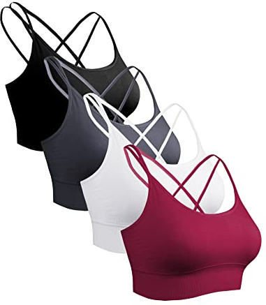 Sykooria Sport-BH dam, vadderad bustier, dambehå utan bygel, spagettiband, korsad rygg, design, push up bh, sportbh, topp för yoga, fitness, A-svart + mörkgrå + vinröd + vit, S