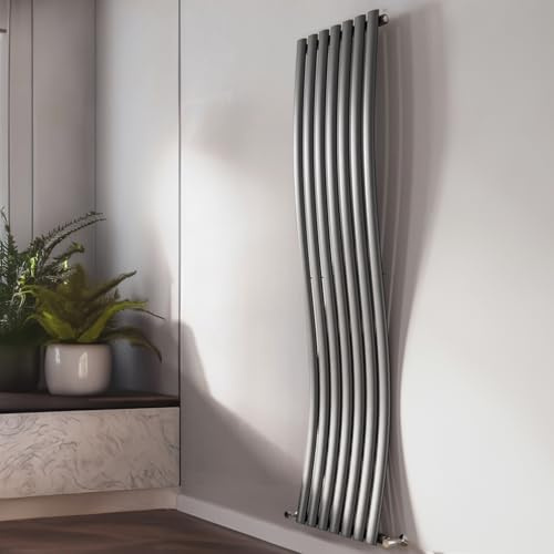 Go Bathrooms Vertical Radiator 1785 x 413mm Grey Tall Curved Oval Column Single Panel Radiator for Central Heating High Heat Output Modern Wave Design Ideal for Bathrooms, Kitchens & Living Spaces