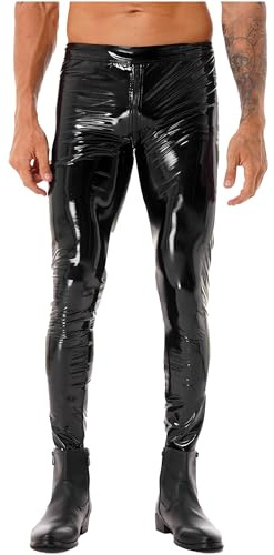 Xnihocha Herren Glänzende Lederhose mit Reißverschluss Lange Hose Latex Pantyhose Leggings Slim Fit Tights Zip Pants Clubwear