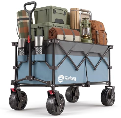 Sekey XXL Plus Chariot de Jardin Pliable avec Freins 200L 150KG, Chariot de Transport Tout-Terrain avec Roues Extra Larges, Pliable Breveté dans Quatre Directions SE4011, Bleu avec Gris