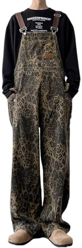 ORANDESIGNE Salopette Léopard pour Homme Salopette Jeans Barboteuses à Bretelles Coupe Ample Vêtements de Travail Cargo Combinaisons Femme Streetwear Unisexe A Léopard XXL
