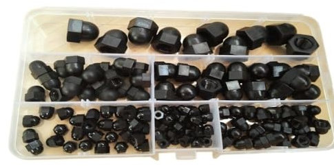 AYYSSM 140 Teile/los M3/4/5/6/8/10 Kunststoff Nylon schwarz Eichel Schutz Dome Kopf hex überwurfmuttern Box schmücken hutmuttern sortiment Kits