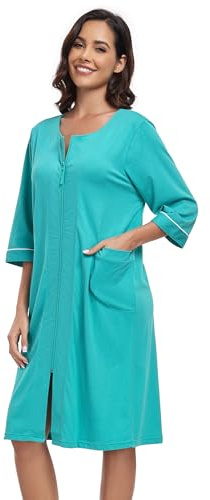 COLORFULLEAF 100% Baumwolle Morgenmantel Damen Leicht Bademantel Damen 3/4 Ärmel mit Reißverschluss Bademantel mit Taschen Kurz(Azurblau,XL)