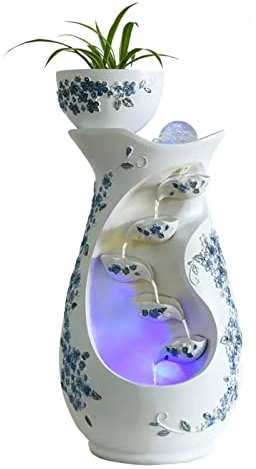 Fontana da interni Feng Shui Fontana da tavolo da tavolo for interni Sfondo bianco Fiore blu a strati Vaso in resina Brocche Elegante fontana interna con fontana decorativa for casa e ufficio Home Fon