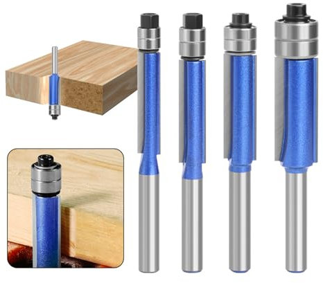 Yuentoen 4 fresas de enrasado, fresa azul, vástago de 1/4 pulgadas, fresa de enrasado, fresa para copiar bordes con rodamiento de bolas, fresa de ranura, juego de fresa para carpintería para madera