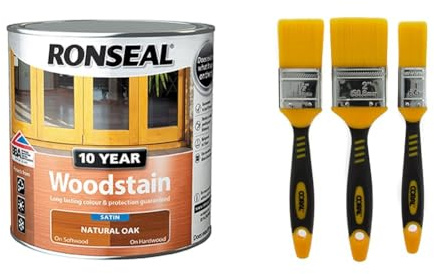 RONSEAL 10 Year Woodstain Natural Oak 750ml & Coral 31416 Zero Paint Brushes with No Loss of Bristle Paintbrush Heads 3 Piece Pack Set, Yellow, Set of 3